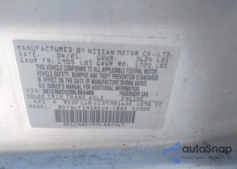 2021 Nissan Versa z USA, uszkodzony, nr VIN 3N1CN8EV2ML884469